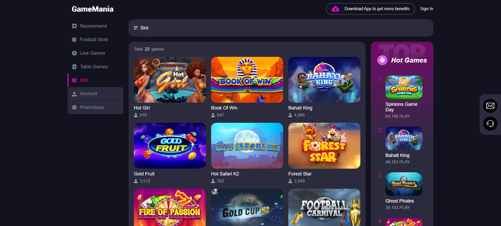 Variety of slot games on GameMania