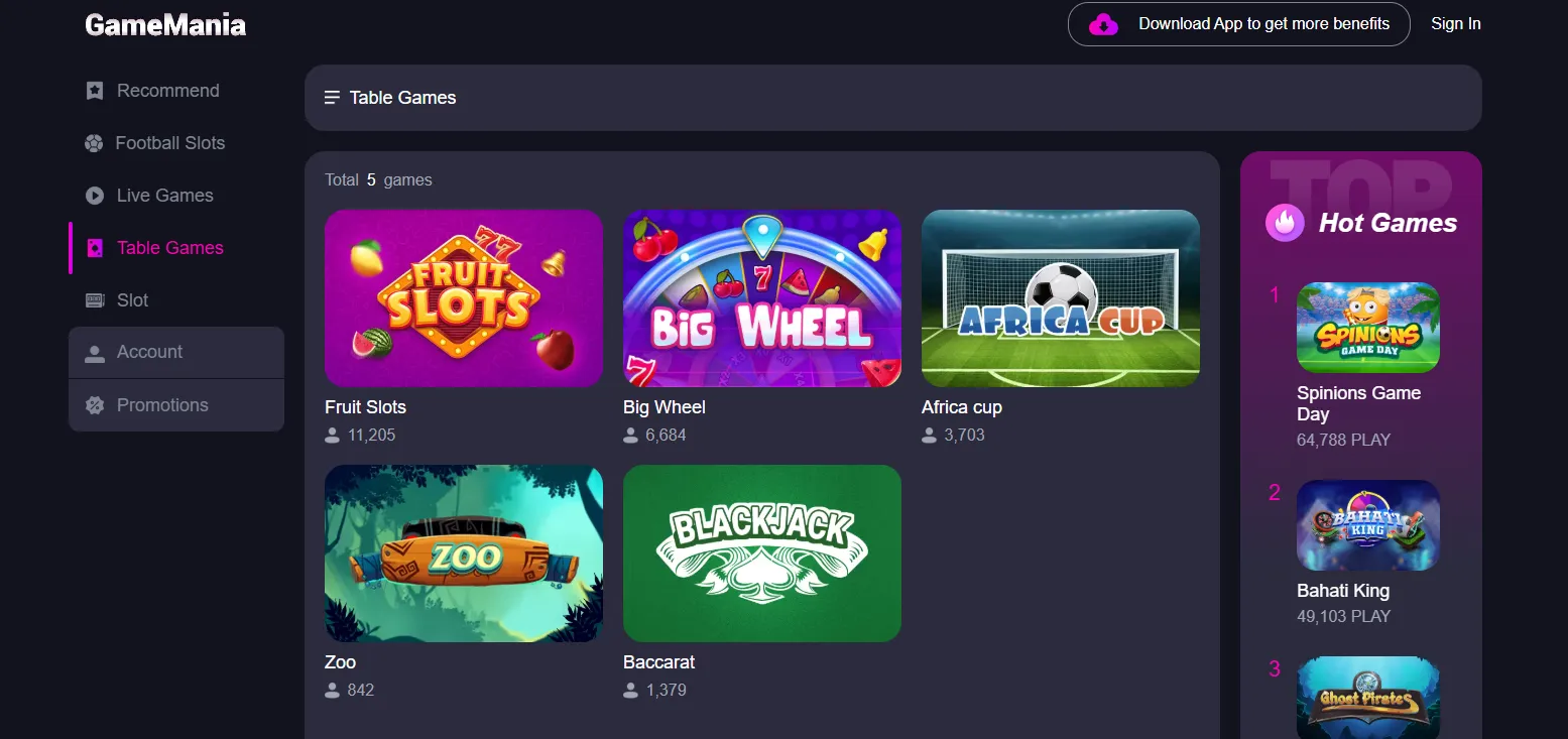 Table games available on GameMania